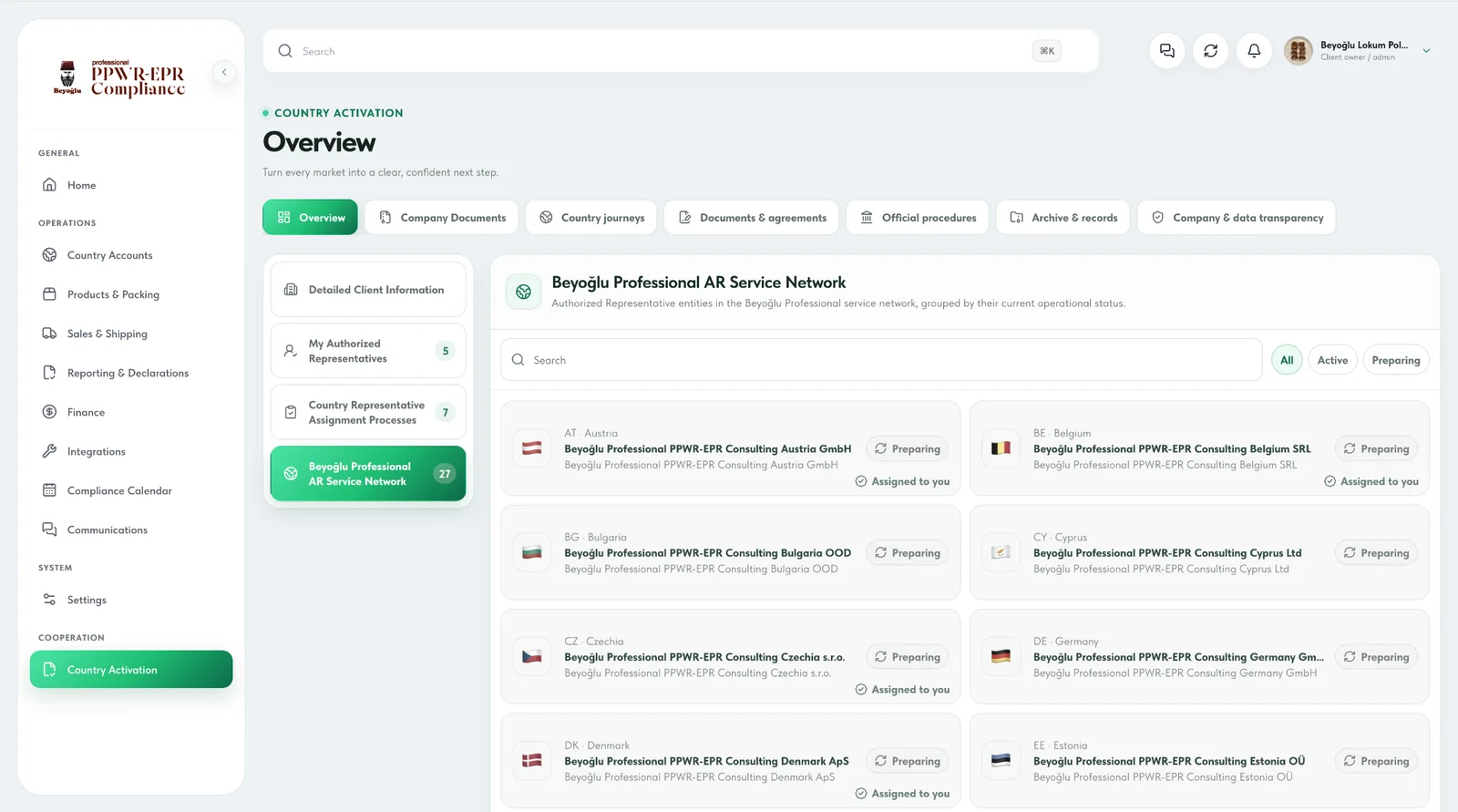 Beyoğlu Professional Client Portal authorised representative service network across 27 EU countries