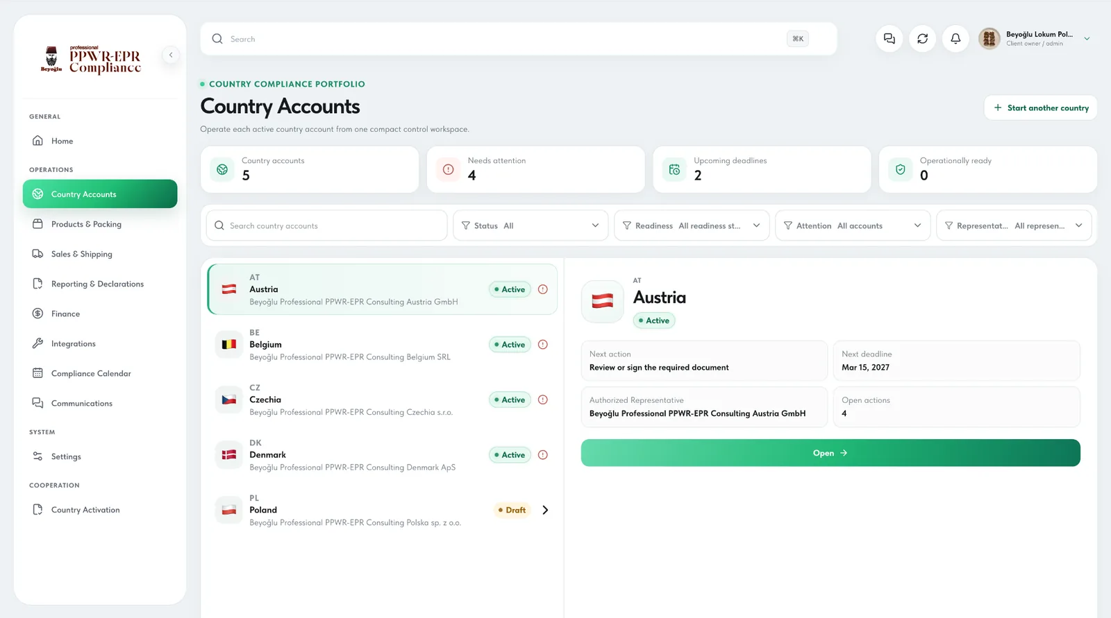 Beyoğlu Professional Client Portal Country Accounts screen