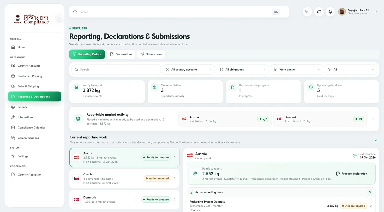 Beyoğlu Professional Client Portal reporting declarations and submissions screen